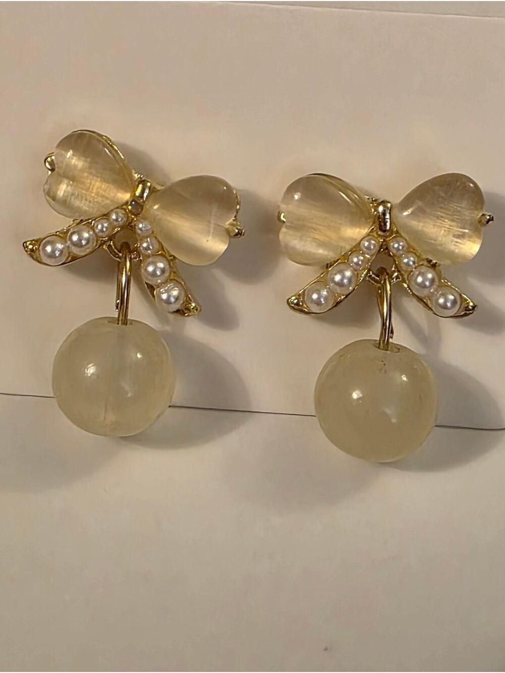 Cream Bow & Pearl Drop Earrings